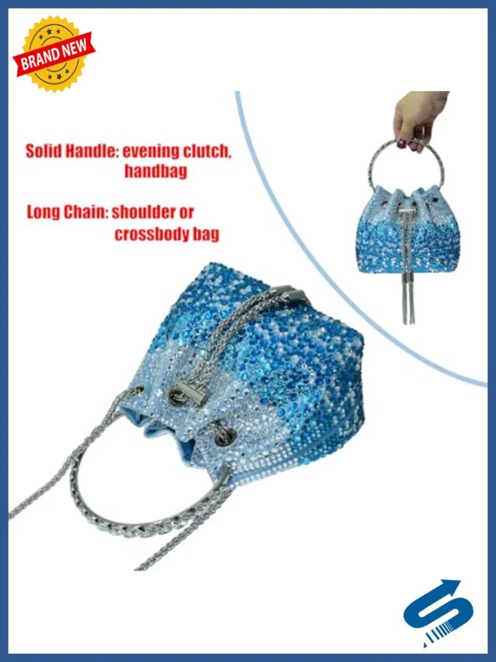 Crystal Rhinestone Evening Clutch Drawstring Purse Party Bag with Chain
